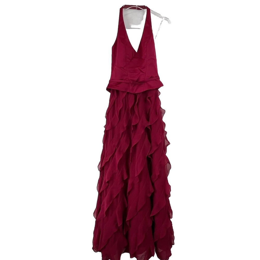 Mon Cheri EVENINGS 6 Halter Ruffle Chiffon Satin Maxi Dress Gown‎ Garnet Formal - Picture 2 of 12